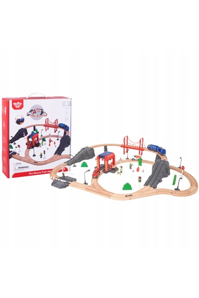 Tooky Toy Tren electric din lemn de pompieri cu efecte sonore 70 e