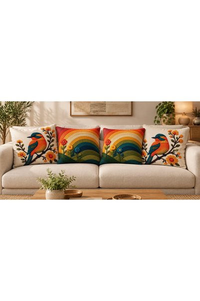 Aşkana yuvanıza aşkla... Aşkan'A 4-Piece Decorative Throw Pillow Cover Set 41.5X41.5 cm – Cotton Fabric, Bird and Rainbow Floral Pattern, Digital Printed, Bohemian Sofa Cushion Cover