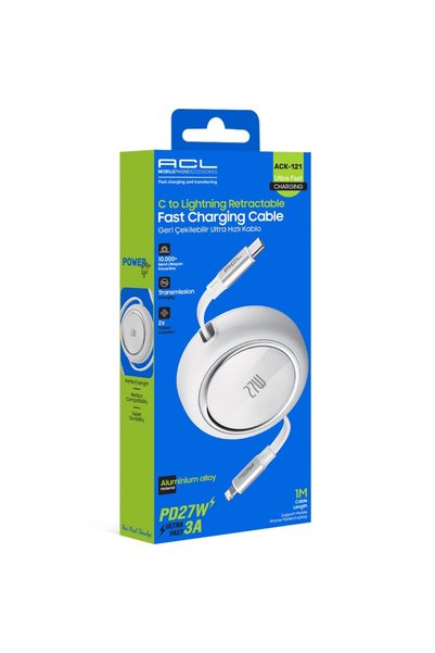 ACK-121 Pd 27W Ultra Hızlı Geri Çekilebilir Usb-C To Lightning Şarj Kablosu (1 Metre)