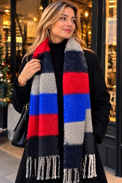 Alışveriş Kasabası Colorful Macaroni Square Patterned Tassel Scarf - 2