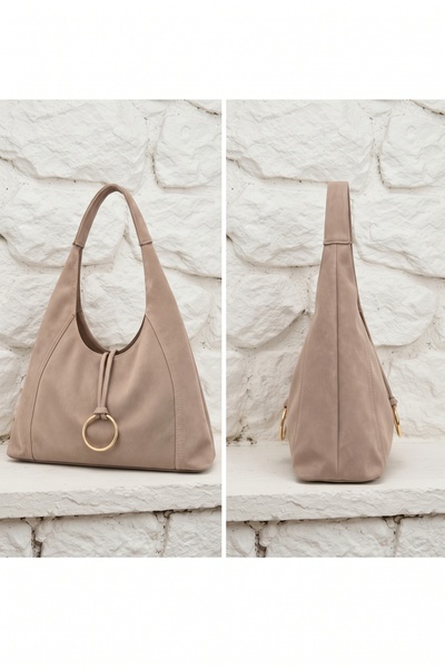 Gogoey Suede Casual Model Ring Charm Zippered Women's Shoulder Bag Beige