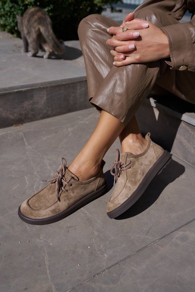 ANGELİNA JONES Alisa Women's Mink Genuine Suede Loafer Shoes with Lace-Up Detail