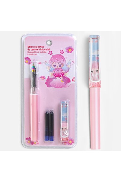 DD SHOP Set Stilou Roz Imprimeu Zana & 2 Rezerve Cerneala - Stilouri Fancy, P...