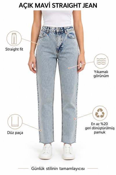 Kadın Açık Mavi Straight Fit Düz Paça Yıkamalı Kesik Paça Jean Kot Pantolon