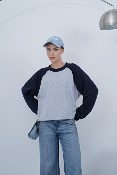 ZS Zey Studio Women's Gray-Navy Blue Raglan Double Color Long Sleeve T-Shirt