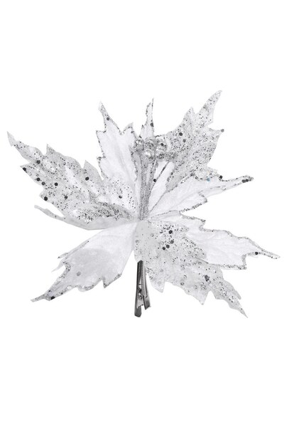DD SHOP Floare Decorativa de Craciun Alba Catifelata cu Clips & Glitter Argin...