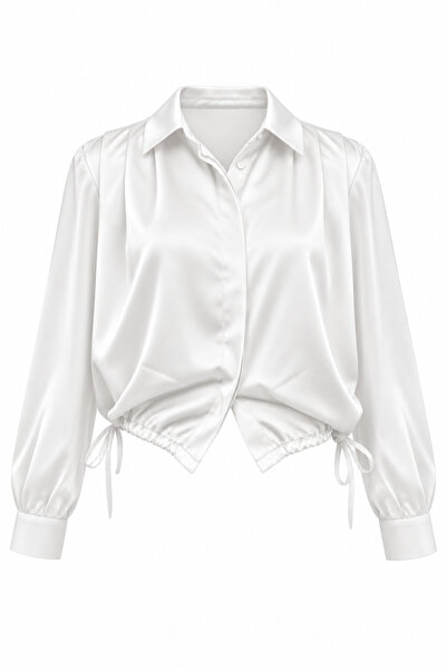DI LORIA Women's 100% Satin Shiny Textured Long Sleeve Shirt Set with Gathered Tie Detail, 2-Piece