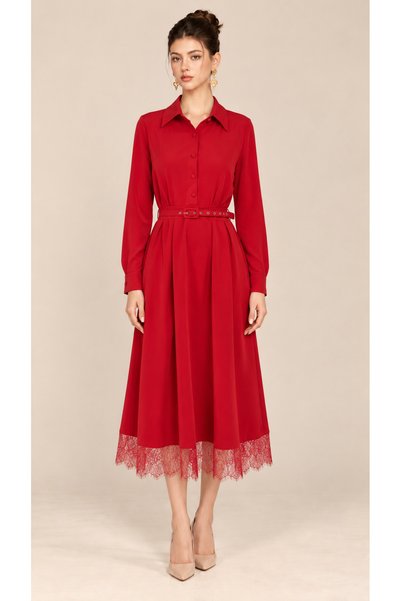 2TRENDY Women's Red Midi Shirt Collar Button Front Belted Waist Lace Hem Dress