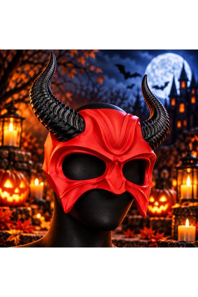 Mynivora Halloween Şeytan Maskesi Kırmızı Siyah Boynuzlu İblis Maskesi Cadıla...