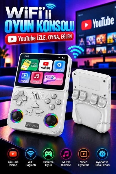 ACSTECH El Oyun Konsolu J36 Ultra | WiFi Destekli Retro Oyun Makinesi | 20.000+ Oyun | 3.5 İnç HD Ekran | 3000mAh - Beyaz