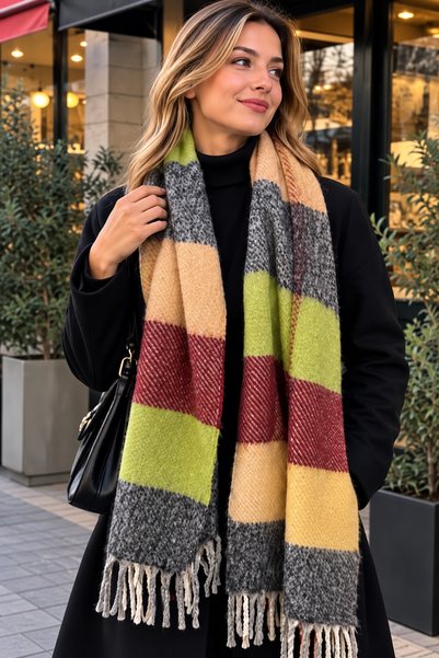 Alışveriş Kasabası Colorful Macaroni Square Patterned Tassel Scarf - 8