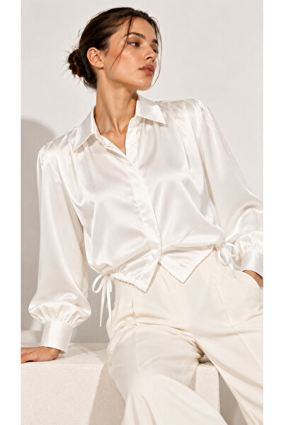 DI LORIA Women's White 100% Satin Shiny Textured Long Sleeve Shirt with Gathered Tie Detail