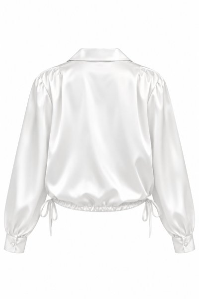 DI LORIA Women's White 100% Satin Shiny Textured Long Sleeve Shirt with Gathered Tie Detail
