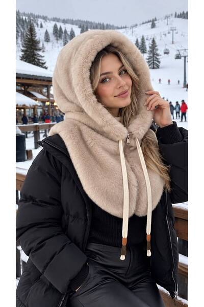 MARBERRY Beige Hooded Soft Textured Plush Women's Neck Warmer