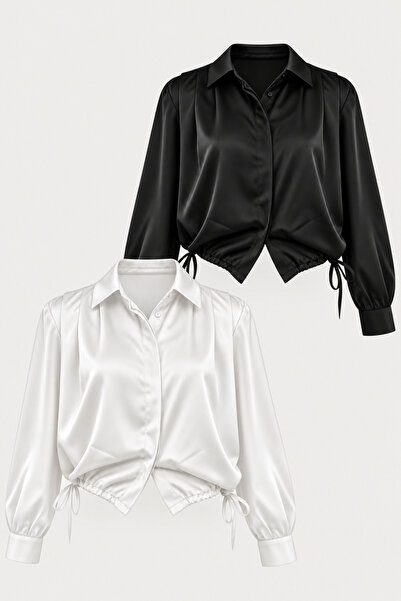 DI LORIA Women's 100% Satin Shiny Textured Long Sleeve Shirt Set with Gathere...