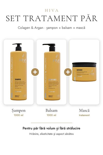 HİVA Set tratament păr Colagen & Argan: Șampon 1000 ml + Balsam 1000 ml + Mască