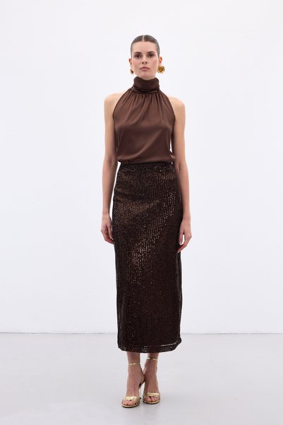 Sateen Pul Payetli Midi Etek - KAHVE