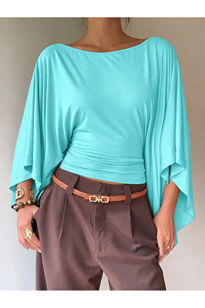 JE-TU Boat Neck Bat Sleeve Waist Gathered Blouse Jt9748