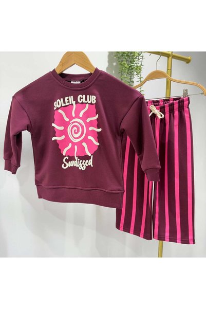 Monila Girl's Slogan Printed Striped Tracksuit Bottom and Top Set