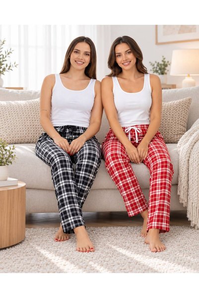 FOR MYSELF 2-Piece Plaid Women's Micro Suede Winter Elastic Comfortable Pajama Bottoms