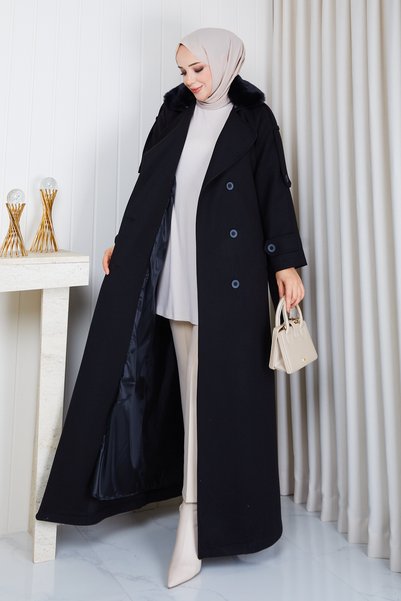 Pamuk Butik Women's Double-Breasted Collar Lined Full-Length Cashmere Coat