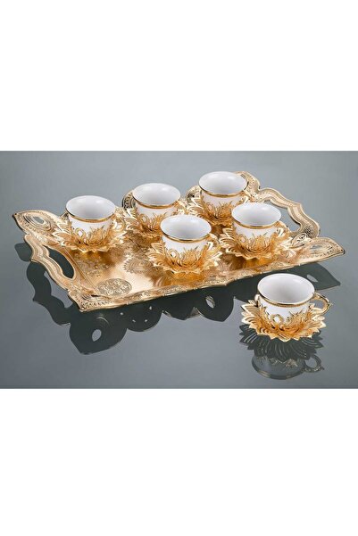FAIR HOME Turkish Coffee Cup Set with Tulip Patterned Tray for 6 People Metal...