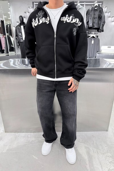HAFKAGİYİM Siyah Khet Nakışlı Tam Fermuarlı Oversize Sweatshirt
