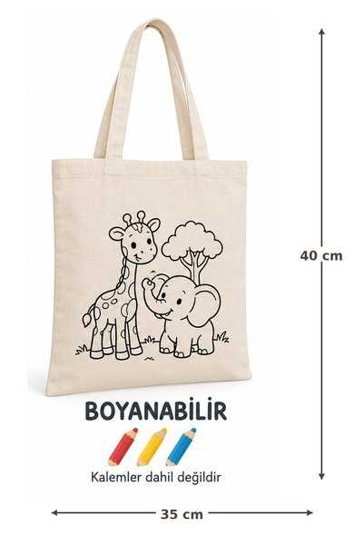 TEKSIVA Boyanabilir Zürafa ve Fil Desenli Bez Çanta 35x40 cm | Çocuk Aktivite...
