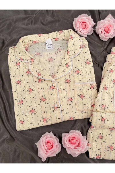 Lena Homewears Pink Floral Patterned Beige Milan Long Sleeve Pajama Set