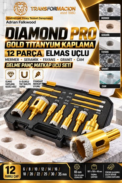 Transformacion Diamond Pro Gold Titanyum Kaplama 12 Parça Elmas Uçlu Mermer Seramik Granit Delme Seti Delici Panç Matkap Ucu Seti 723812