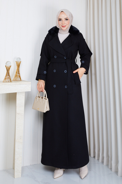Pamuk Butik Women's Double-Breasted Collar Lined Full-Length Cashmere Coat