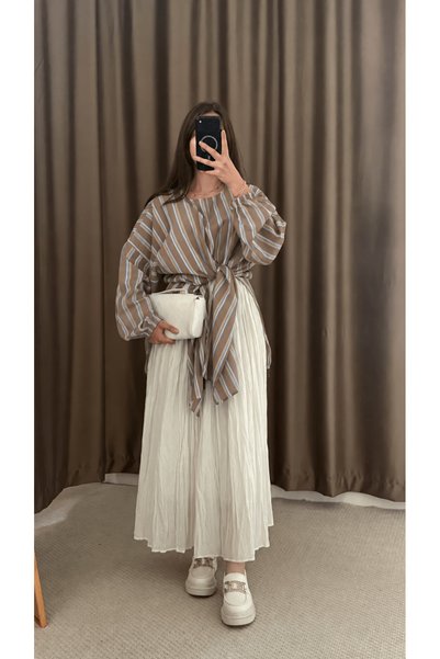 Hepsi Moda Striped Tunic with Front Slit Detail - Hpm - Mink