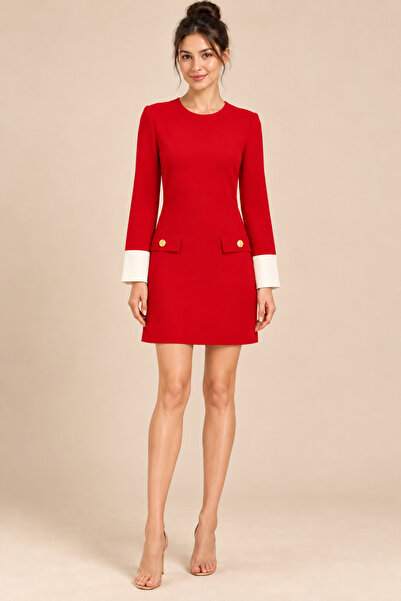 2TRENDY Women's Red Short Dress with Long Sleeves and White Cuffs and Cover P...