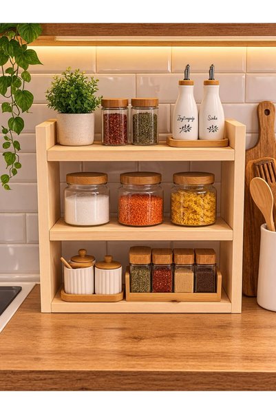 Doğal Ahşap 3 Katlı Raf Düzenleyici Makyaj ve Takı Organizeri Çok Amaçlı Masaüstü Raf 38x40