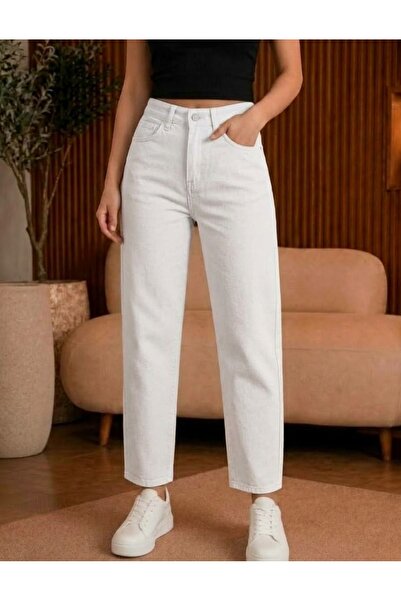 MAY JEAN Pantaloni Mom Jean din Lycra cu talie înaltă, ALBI, pentru femei
