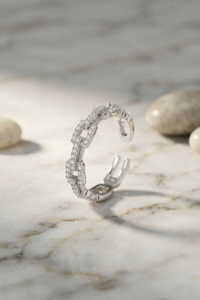 Toptan Bulurum Silver Color Zircon Stone Chain Model Women's Ring