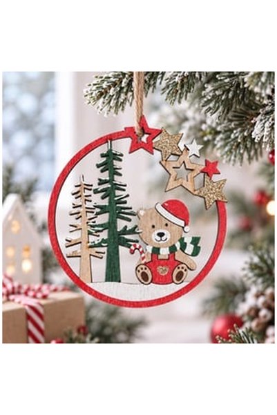 OEM Wooden Christmas Tree Ornament with Bear, Stars and Glitter Firs Ø10cm