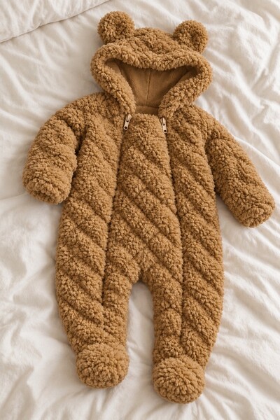 METEOR BABY Bebek Tulum - Peluş Ayıcık Kulaklı Kapüşonlu Fermuarlı Baklava De...