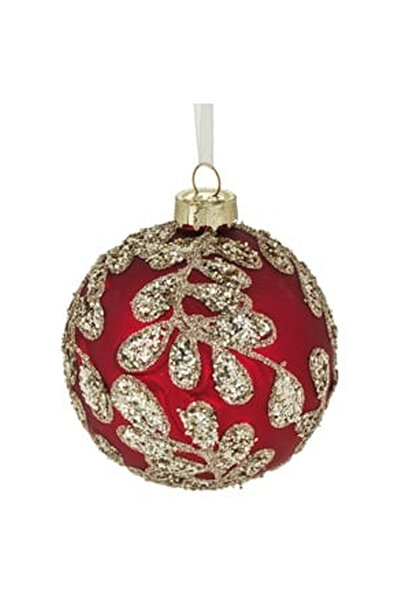 OEM Ornament Brad de Craciun Glob din Sticla Rosie Mat cu Glitter Bej Ø10cm