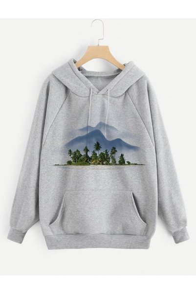 bellanova Unisex Gray 3 Thread Threaded Oversize Hooded Sweatshirt Basic Comf...