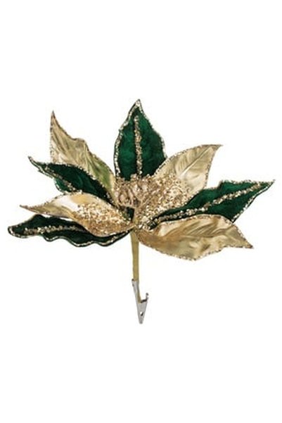 OEM Floare Decorativa de Craciun Verde cu Glitter Auriu Paiete & Clips 26cm