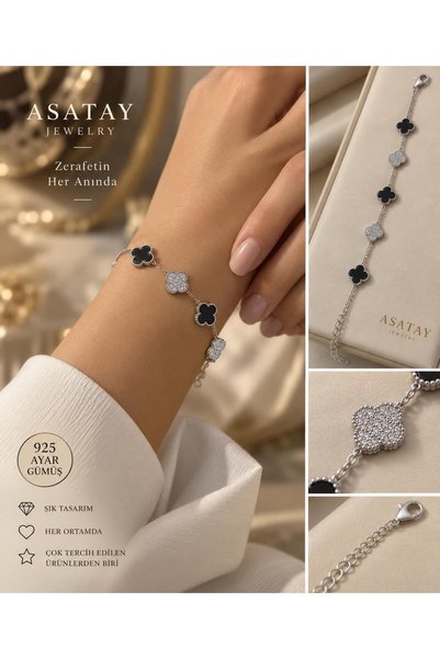 ASATAY 925 Ayar Gümüş Şans Yoncası Dört Yapraklı Yonca Bileklik Ayarlanabilir...