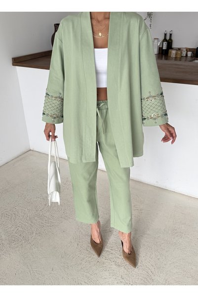 MİA NOURA Women's Gabardine Fabric with Bead Embroidery on the Back of the Sleeves