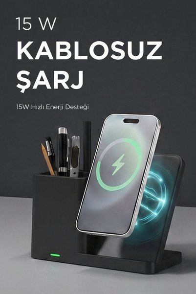 S-LINK SL-M9054 Siyah TypeC 15W Kablosuz Şarj Cihazı Kalemlikli Masa Lambası - PH