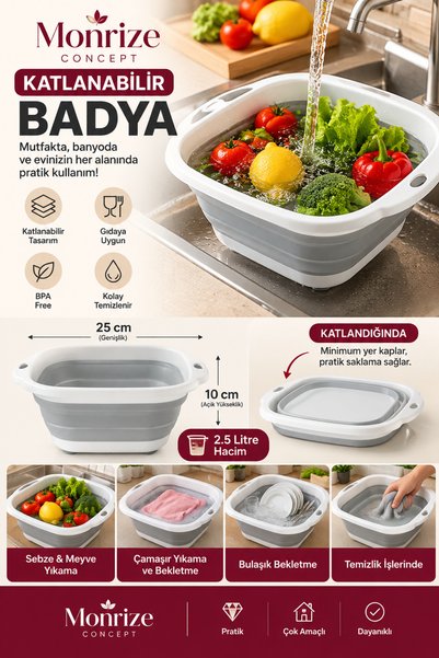 Monrize Concept Katlanabilir Badya 2,5 Litre Akordiyon Silikon Leğen Çok Amaç...