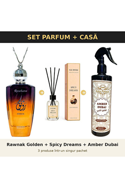 rosehane Set Parfum + Casă Rose Hane – Rawnak Golden + Spicy Dreams + Amber D...