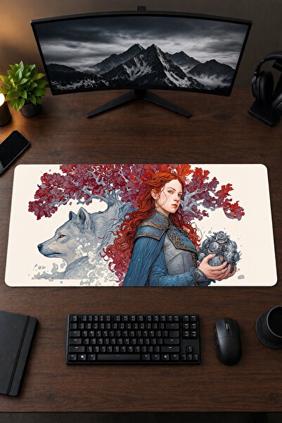 Sansa Stark ve Ulu Kurt Game Of Thrones 40x90 Gaming Oyuncu Mouse Pad Kaymaz Kauçuk Taban Büyük Boy Klavye Fare Altlığı Mousepad