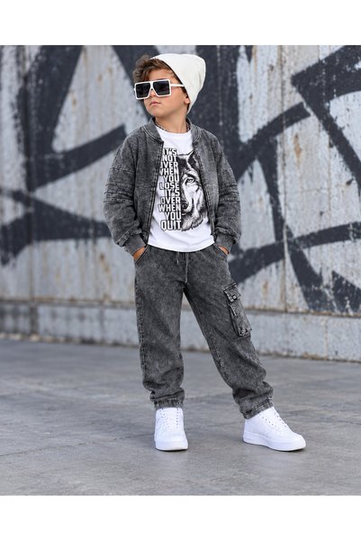 KOKOŞ BEBEK Wolf Washed Combed Cotton Cardigan 3-Piece Boy's Set - Age 4/12 -...