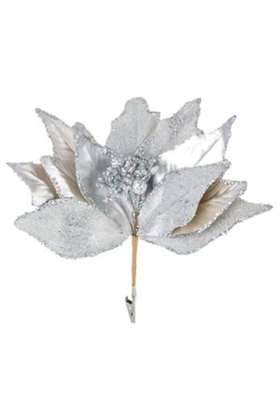 OEM Floare Decorativa de Craciun Argintie Shine Frosty cu Glitter & Clips 26cm