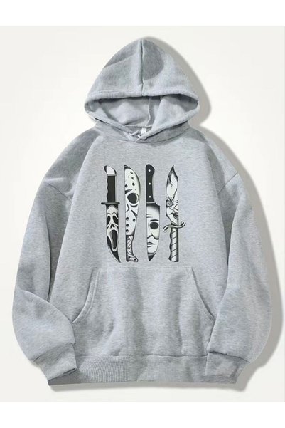 bellanova Unisex Gray Low Shoulder Oversize Hooded Casual Sweatshirt with Kan...